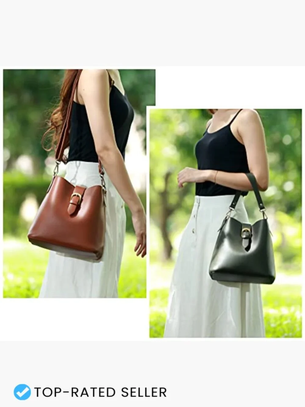Vegan Leather Bucket Bag Retro Hobo Shoulder Purse Faux Suede Lining Adjustable